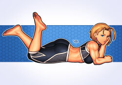 Rule 34 | 1girl, antenna hair, barefoot, blonde hair, blue eyes, breasts, cammy white, commentary, facial scar, full body, hat, highres, looking at viewer, lying, medium breasts, midriff, official alternate costume, official alternate hairstyle, on stomach, scar, scar on cheek, scar on face, soles, solo, street fighter, street fighter 6, tank top, the pose, thighs, toes, vj99