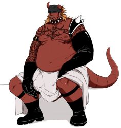 Rule 34 | 1boy, balnom, bara, beard, belly, blindfold, bridal garter, broken horn, chest tattoo, collar, colored skin, demon boy, demon horns, demon tail, earrings, elbow gloves, facial hair, fat, fat man, full body, gloves, highres, horns, jewelry, large pectorals, long hair, long sideburns, male focus, mature male, mouth pull, muscular, muscular male, navel, nipples, nose piercing, nose ring, orange hair, original, pectorals, piercing, puffy chest, red skin, sharp teeth, sideburns, sitting, solo, spiked collar, spikes, stomach, tail, tattoo, teeth, topless male, transparent background