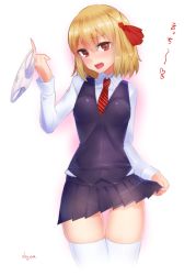 Rule 34 | 1girl, blonde hair, blush, doyouwantto, dress shirt, fang, gluteal fold, long sleeves, looking at viewer, miniskirt, necktie, open mouth, panties, pleated skirt, red eyes, ribbon, rumia, see-through, shirt, short hair, simple background, skirt, solo, striped necktie, striped neckwear, thigh gap, thighhighs, touhou, translated, underwear, unworn panties, vest, white background, white panties, white thighhighs, zettai ryouiki