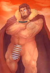 Rule 34 | 1boy, bar censor, bara, beard, cape, censored, crossed arms, facial hair, fate/zero, fate (series), flaccid, full beard, genta iwayama, highres, iskandar (fate), large pectorals, large penis, large testicles, male focus, mature male, muscular, muscular male, naked cape, old, old man, one eye closed, pectorals, penis, red eyes, red hair, short hair, solo, testicle hair, testicles, thick beard, thick navel hair