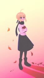 Rule 34 | 1girl, ahoge, artoria pendragon (all), artoria pendragon (fate), autumn leaves, bag, black footwear, blonde hair, blue eyes, boots, commentary request, falling leaves, fate/stay night, fate (series), film grain, full body, gradient background, hair ribbon, highres, holding, holding bag, ichikawahonzen, jacket, leaf, looking afar, outdoors, ribbon, saber (fate), scarf, shirt, sidelocks, skirt, smile, solo, white shirt