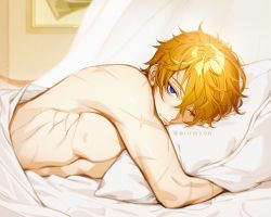 Rule 34 | 1boy, bare shoulders, bed sheet, blue eyes, commentary, english commentary, eriimyon, genshin impact, highres, indoors, looking at viewer, male focus, muscular, muscular male, nipples, one eye closed, orange hair, pillow, scar, scar on arm, scar on back, smile, solo, tartaglia (genshin impact), tattoo, twitter username, under covers, waking up