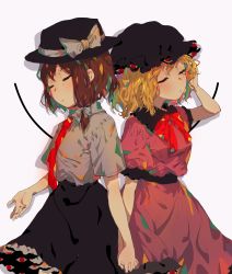 Rule 34 | 2girls, absurdres, autumn leaves, bow, fedora, flower, guozimiao, hand on own ear, hat, hat bow, hat flower, highres, holding hands, maribel hearn, mob cap, multiple girls, necktie, night, night sky, pink shirt, shirt, sky, touhou, usami renko, wheat
