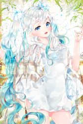 Rule 34 | 1girl, aqua hair, bad id, bad pixiv id, blue eyes, dress, hatsune miku, liby (libtnvd), long hair, open mouth, pointy ears, revision, solo, twintails, uneven eyes, very long hair, vocaloid, white dress