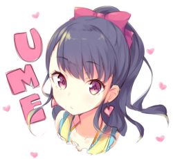 Rule 34 | 1girl, :/, character name, closed mouth, collarbone, earrings, heart, heart background, heart earrings, jewelry, kujou ume, looking at viewer, mimura zaja, ponytail, portrait, solo, swept bangs, tokyo 7th sisters, white background