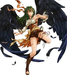 Rule 34 | 1girl, bare shoulders, belt, black wings, blue eyes, boots, breasts, cleavage, cross-laced footwear, feathered wings, feathers, female focus, fire emblem, fire emblem: radiant dawn, fire emblem heroes, full body, green hair, halterneck, headband, highres, knee boots, lace-up boots, leg up, long hair, medium breasts, nintendo, o-ring, official art, one eye closed, parted lips, pirate, shorts, sleeveless, solo, toeless footwear, toes, torn clothes, transparent background, uroko (mnr), vika (fire emblem), wince, wings