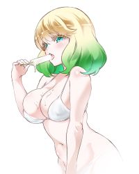 Rule 34 | 1girl, absurdres, bare shoulders, between breasts, bikini, blonde hair, blush, breasts, cleavage, collarbone, cropped torso, dripping, eating, food, green eyes, green hair, highres, holding, holding food, ice cream, large breasts, licking, medium hair, melting, multicolored hair, navel, open mouth, otomi mayura, sexually suggestive, simple background, solo, sousei no onmyouji, suggestive fluid, sukeno yoshiaki, swimsuit, tongue, tongue out, two-tone hair, upper body, white background, white bikini