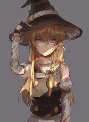 Rule 34 | 1girl, bad id, bad pixiv id, blank eyes, blonde hair, blood, braid, brown eyes, empty eyes, expressionless, female focus, fingerless gloves, gloves, grey background, hand on headwear, hat, injury, kirisame marisa, long hair, looking at viewer, meng ziya, scratches, simple background, solo, torn clothes, touhou, witch, witch hat, yellow eyes