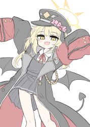 Rule 34 | 1girl, :d, black jacket, blonde hair, blue archive, blush, collared shirt, demon tail, demon wings, dress, fang, halo, ibuki (blue archive), jacket, jokebag, low wings, military jacket, open mouth, oversized clothes, shirt, simple background, skin fang, sleeves past fingers, sleeves past wrists, smile, solo, tail, white background, white shirt, wings, yellow eyes