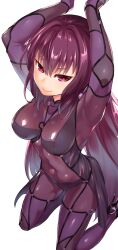 Rule 34 | 1girl, armor, arms up, bodysuit, breasts, cleavage, covered navel, fate/grand order, fate (series), hair intakes, highres, kneeling, large breasts, leotard, long hair, ono misao, pauldrons, purple bodysuit, purple hair, purple leotard, red eyes, scathach (fate), see-through, see-through cleavage, shoulder armor, simple background, solo, very long hair, white background