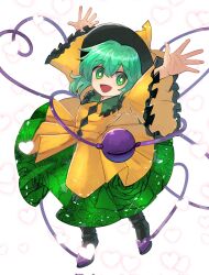 Rule 34 | 1girl, :d, arms up, black footwear, black hat, boots, bow, bright pupils, buttons, commentary request, corrupted twitter file, diamond button, floral print, frilled shirt collar, frilled sleeves, frills, from above, full body, green eyes, green hair, green skirt, hair between eyes, happy, hat, hat bow, heart, heart background, heart of string, highres, koishi day, komeiji koishi, light blush, long sleeves, looking at viewer, medium hair, open mouth, outstretched arms, outstretched hand, pleated skirt, plus2sf, print skirt, rose print, shirt, simple background, skirt, smile, solo, standing, third eye, touhou, white background, white pupils, wide sleeves, yellow bow, yellow shirt