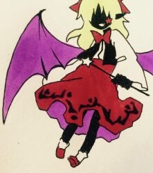 Rule 34 | 1girl, bat wings, black skin, black vest, blonde hair, bow, bowtie, colored skin, commentary request, elis (touhou), facial mark, fang, full body, highres, holding, holding wand, kaigen 1025, long hair, long sleeves, marker (medium), no eyes, no nose, open clothes, open mouth, open vest, pointy ears, purple wings, red bow, red bowtie, red footwear, red skirt, shirt, simple background, skirt, smile, socks, solo, star (symbol), star facial mark, star wand, touhou, touhou (pc-98), traditional media, vest, wand, white background, white shirt, white socks, wings