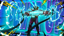 Rule 34 | absurdres, belt, business suit, cable, electricity, formal, game cg, glowing, glowing eyes, hi-fi rush, highres, mechanical arms, multicolored background, muscular, muscular female, non-web source, rekka (hi-fi rush), spoilers, suit, wrestling boots