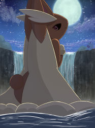 Rule 34 | 1girl, animal ears, black sclera, cloud, colored sclera, creatures (company), eyebrows, from behind, full moon, game freak, gen 4 pokemon, highres, looking back, lopunny, moon, night, night sky, nintendo, no humans, outdoors, pokemon, pokemon (creature), rabbit ears, rabbit tail, red eyes, rumine (yoshi1234567), sitting, sky, smile, solo, star (sky), starry sky, tail, water, waterfall