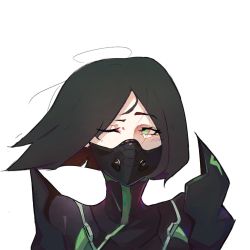 Rule 34 | 1girl, animification, black bodysuit, black hair, bodysuit, commentary, cowlick, english commentary, floating hair, green eyes, highres, long bangs, mask, mouth mask, mrbadartist, one eye closed, parted bangs, portrait, solo, valorant, viper (valorant), white background