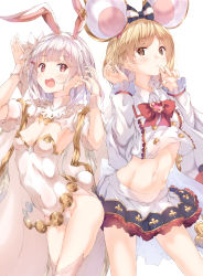 Rule 34 | 2girls, absurdres, alternate costume, animal ears, belt, blonde hair, blush, breasts, brooch, brown eyes, buttons, cape, cosplay, costume switch, covered navel, djeeta (granblue fantasy), fake animal ears, flower, granblue fantasy, hair flower, hair ornament, hairband, hairclip, hands up, heart, heart brooch, highleg, highleg leotard, highres, jewelry, leotard, long sleeves, looking at viewer, midriff, mouse ears, multiple girls, navel, open mouth, pendant, rabbit ears, rabbit tail, red eyes, sage (granblue fantasy), shirt, short hair, simple background, skirt, small breasts, swept bangs, tail, thighhighs, thighs, ukiwakisen, upper body, vikala (granblue fantasy), white background, white cape, white hair, white legwear, white leotard, white shirt, white skirt, wrist cuffs