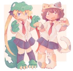 Rule 34 | &gt;:(, 2girls, :d, animal costume, animal ears, animal hands, animal hat, black ribbon, blush, brown hair, cat ears, cat paws, cat tail, claw pose, crocodile girl, crocodile hair ornament, crocodilian tail, fake animal ears, gloves, hair ribbon, hat, highres, kill me baby, knees together feet apart, long hair, looking at viewer, looking to the side, multiple girls, necktie, open mouth, oribe yasuna, paw gloves, paw shoes, poppos, red necktie, reptile girl, ribbon, school uniform, short hair, skirt, smile, sonya (kill me baby), tail, twintails, v-shaped eyebrows, yuri