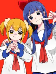 Rule 34 | 2girls, 50yen, blonde hair, blue eyes, blue hair, blush, bow, closed mouth, colored sclera, cracking knuckles, hand on another&#039;s shoulder, long hair, medium hair, multiple girls, poptepipic, red background, red bow, school uniform, scrunchie, simple background, twintails, upper body, veins, veiny hands, yellow eyes, yellow sclera