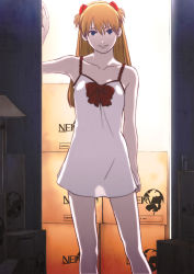 Rule 34 | 00s, 1girl, against wall, arm at side, backlighting, bare shoulders, blue eyes, bow, box, breasts, cardboard box, character name, chemise, closed mouth, collarbone, dark, doorway, dress, emblem, evangelion: 2.0 you can (not) advance, female focus, hair between eyes, hair ornament, hand up, headgear, indoors, lace, lamp, legs apart, light smile, long hair, looking at viewer, neon genesis evangelion, nerv, orange hair, parted bangs, rebuild of evangelion, red bow, red hair, see-through silhouette, short dress, silhouette, small breasts, smile, solo, souryuu asuka langley, standing, tanaka hirotaka, two side up, walk-in, white dress