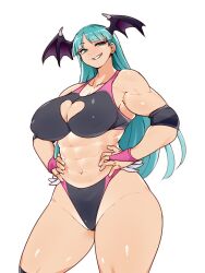 Rule 34 | 1girl, abs, bat wings, black sports bra, breasts, cleavage, cleavage cutout, clenched teeth, clothing cutout, demon girl, fingerless gloves, gloves, green eyes, green hair, hanzo (2929), highres, large breasts, looking at viewer, midriff, morrigan aensland, muscular, muscular arms, muscular female, navel, smile, solo, sports bra, teeth, toned, vampire (game), wings, wrestling outfit