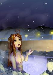 Rule 34 | 1girl, antenna hair, breasts, brown eyes, brown hair, completely nude, dated, lantern, long hair, love hina, mangaup, narusegawa naru, no nipples, nude, onsen, partially submerged, revision, snowing, solo