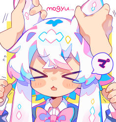 Rule 34 | &gt; &lt;, 1girl, blush stickers, bow, bowtie, closed eyes, collared shirt, commentary request, crossed bangs, dot nose, grey jacket, hands up, highres, jacket, long sleeves, open mouth, original, pink bow, pink bowtie, shirt, squid girl, translation request, uenomigi, white hair, white shirt, yamii (uenomigi)
