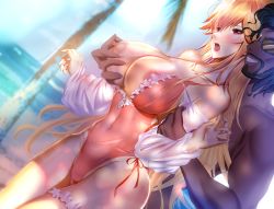 Rule 34 | 1boy, 1girl, areola slip, azur lane, backless swimsuit, beach, biceps, black hair, blush, breasts, chinese commentary, covered navel, dappled sunlight, dark-skinned male, dark skin, day, dutch angle, faceless, faceless male, facial hair, frilled swimsuit, frills, full-face blush, gosama, grabbing, grabbing another&#039;s breast, grabbing from behind, hair between eyes, hetero, highleg, highleg swimsuit, highres, huge breasts, long hair, medium hair, muscular, muscular male, nipple stimulation, nipple tweak, official alternate costume, one-piece swimsuit, one breast out, open mouth, orange hair, palm tree, pink one-piece swimsuit, public indecency, red eyes, richelieu (azur lane), richelieu (fleuron of the waves) (azur lane), see-through, see-through sleeves, side-tie swimsuit, smile, sunlight, swimsuit, teeth, thigh strap, topless male, tree, very long hair, water