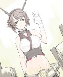 Rule 34 | 1girl, breasts, brown hair, closed mouth, commentary request, dutch angle, gloves, green eyes, grey shirt, headgear, kantai collection, large breasts, looking at viewer, medium bangs, midriff, mutsu (kancolle), navel, shirt, short hair, sleeveless, sleeveless shirt, smile, solo, tugmix, upper body, waving, white gloves