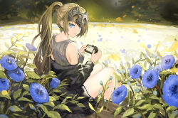 Rule 34 | 1girl, alternate costume, alternate hairstyle, bare arms, bare legs, bare shoulders, bench, black jacket, blonde hair, blue eyes, blue flower, camera, canking, closed mouth, commentary request, day, fate/apocrypha, fate (series), field, flower, flower field, from side, grey tank top, headpiece, highres, holding, holding camera, jacket, jeanne d&#039;arc (fate), jeanne d&#039;arc (ruler) (fate), long hair, long sleeves, looking at viewer, looking to the side, off shoulder, open clothes, open jacket, outdoors, petals, pink lips, ponytail, sitting, smile, solo, tank top, very long hair, water drop