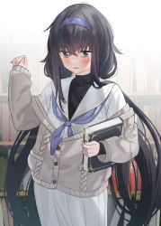 Rule 34 | 1girl, black hair, blue archive, blue eyes, blue hairband, blue neckerchief, blush, book, bookshelf, commentary request, grey jacket, hair between eyes, hairband, hand up, highres, holding, holding book, jacket, long hair, long sleeves, looking at viewer, low twintails, neckerchief, open clothes, open jacket, parted lips, pleated skirt, sailor collar, shirt, skirt, sleeves past wrists, solo, standing, subachi, twintails, ui (blue archive), very long hair, white sailor collar, white shirt, white skirt