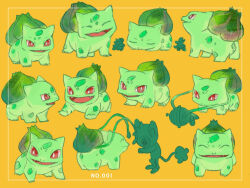 Rule 34 | aipom, animal focus, bright pupils, bulbasaur, closed eyes, creatures (company), expressions, fangs, game freak, gen 1 pokemon, gen 2 pokemon, gen 3 pokemon, nintendo, no humans, nostrils, open mouth, plant, pokedex number, pokemon, pokemon (creature), red eyes, saba (atnpr), seedot, vines, white pupils, yellow background