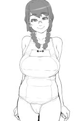 Rule 34 | 1girl, bad id, bad pixiv id, braid, breasts, glasses, greyscale, hair over shoulder, large breasts, mama (mama hiro), monochrome, one-piece swimsuit, original, plump, school swimsuit, smile, solo, swimsuit, twin braids, white school swimsuit, white one-piece swimsuit