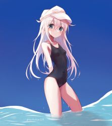 Rule 34 | 1girl, bare arms, bare legs, bare shoulders, black one-piece swimsuit, blue eyes, blush, closed mouth, collarbone, hair between eyes, hibiki (kancolle), highres, kantai collection, long hair, one-piece swimsuit, silver hair, solo, swimsuit, tachakan, twitter username, verniy (kancolle), wet, white headwear