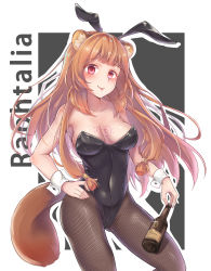 Rule 34 | 1girl, :p, absurdres, aisha (rfrm), alternate costume, animal ear fluff, animal ears, bare arms, bare shoulders, blush, bottle, breasts, brown hair, character name, chest tattoo, cleavage, collarbone, commentary, covered navel, cowboy shot, fake animal ears, fishnet pantyhose, fishnets, highres, holding, holding bottle, leotard, long hair, looking at viewer, medium breasts, pantyhose, playboy bunny, rabbit ears, raccoon ears, raccoon girl, raccoon tail, raphtalia, red eyes, slave tattoo, smile, solo, standing, strapless, strapless leotard, tail, tate no yuusha no nariagari, tattoo, thighs, tongue, tongue out, white background, wrist cuffs