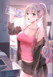 Rule 34 | arm up, black shorts, blush, bottle, drinking, earrings, hair ornament, hairclip, jacket, jewelry, looking at viewer, midriff peek, open clothes, open jacket, open mouth, original, pink eyes, pink tank top, ponytail, rangu, short shorts, shorts, sidelocks, silver hair, sink, solo, tank top, water bottle, water drop