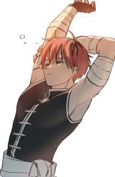 Rule 34 | 1boy, armpit crease, armpits, bandaged arm, bandages, black gloves, black shirt, closed eyes, closed mouth, fingerless gloves, gloves, highres, male focus, multicolored hair, pectorals, red hair, shirt, simple background, sleepy, sleeveless, solo, sousou no frieren, squeans, stark (sousou no frieren), stretching, sua lucid, tearing up, toned, toned male, two-tone hair, upper body, waist sash, white background