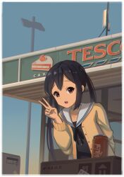 Rule 34 | 1girl, absurdres, black hair, black ribbon, blue sky, brown eyes, can, cardigan, drink can, hand up, highres, k-on!, long hair, looking at viewer, nakano azusa, open mouth, outdoors, ribbon, sailor collar, school uniform, sky, soda can, solo, tornier, twintails, v, white sailor collar, yellow cardigan