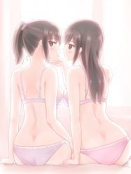Rule 34 | 2girls, :o, arm support, ass, back, backlighting, blue bra, blue panties, blush, bra, breasts, commentary request, from behind, hair tie, hand on another&#039;s face, hand on own hip, highres, indoors, kamakama (kdmorh kamakama), light blush, long hair, looking at another, looking at viewer, looking back, multiple girls, on bed, original, panties, parted lips, pink bra, pink panties, short hair, short ponytail, shoulder blades, side-by-side, sitting, small breasts, underwear, underwear only, windowsill, yuri