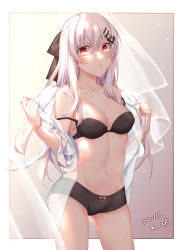 Rule 34 | 1girl, albino, arms up, bare shoulders, black bra, black panties, black ribbon, blush, bra, breasts, closed mouth, collarbone, cowboy shot, dated, expressionless, eyes visible through hair, girls&#039; frontline, gleam, gluteal fold, hair between eyes, hair ornament, hair ribbon, hairclip, head tilt, highres, holding, holding clothes, holding shirt, iws 2000 (girls&#039; frontline), light particles, long hair, looking at viewer, medium breasts, navel, p-mou, panties, red eyes, ribbon, see-through, shading, shirt, sidelocks, simple background, solo, standing, stomach, thighs, underwear, undressing, white hair, white shirt