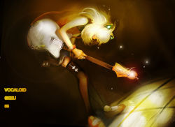 Rule 34 | 1girl, animal ears, blonde hair, bracelet, electric guitar, female focus, gooloomy, gradient background, guitar, instrument, jewelry, lens flare, long hair, seeu, shoes, skirt, solo, thighhighs, vocaloid, zettai ryouiki