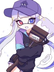 Rule 34 | 1girl, :d, baseball cap, black shorts, black sweater, blue eyes, commentary, eyelashes, hat, heart, heart-shaped pupils, heterochromia, holding, holding weapon, inkling, inkling girl, inkling player character, inuowour, long hair, looking at viewer, nintendo, octobrush (splatoon), open mouth, print headwear, purple hair, purple hat, red eyes, shorts, simple background, smile, solo, splatoon (series), splatoon 3, sticker, sweater, symbol-only commentary, symbol-shaped pupils, tentacle hair, weapon, white background