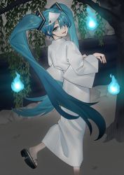 Rule 34 | 1girl, :p, aqua eyes, aqua hair, commentary, dress, from behind, full body, ghost, ghost pose, hair over one eye, hatsune miku, hitodama, long hair, looking at viewer, looking back, mi8pq, night, one eye covered, robe, sandals, solo, standing, stream, tongue, tongue out, tree, triangular headpiece, twintails, very long hair, vocaloid, white dress, white robe, willow