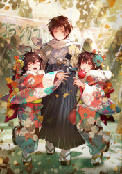 Rule 34 | 1boy, 2girls, absurdres, back bow, bag, black hakama, black skirt, bow, braid, brown hair, candy apple, child, chinese commentary, chinese knot, chinese text, closed eyes, closed mouth, commentary request, dated, day, durarara!!, eromkk, floral print, flower, food, fur collar, ginkgo tree, glasses, green sash, hair flower, hair ornament, hakama, hakama skirt, hand up, handbag, haori, highres, holding, holding food, japanese clothes, kimono, long sleeves, looking down, multiple girls, obi, open mouth, orihara izaya, orihara kururi, orihara mairu, outdoors, pink-framed eyewear, pleated skirt, print kimono, red bag, red bow, red eyes, sandals, sash, scarf, semi-rimless eyewear, skirt, smile, tabi, tassel, tongue, tongue out, tree, twitter username, walking, white legwear, white scarf, wide sleeves, zouri