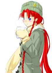 Rule 34 | 1girl, adapted costume, beanie, blue eyes, blush, braid, coat, cup, female focus, hat, highres, hong meiling, long hair, looking at viewer, mittens, mug, niwatazumi, red hair, scarf, sketch, smile, solo, star (symbol), touhou, twin braids, very long hair, winter clothes