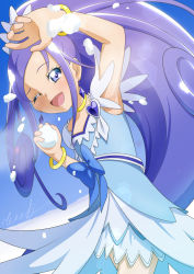 Rule 34 | 1girl, blue bow, blue dress, blue eyes, blue hair, blue sky, bow, bracelet, brooch, choker, cowboy shot, crystal earrings, cure diamond, day, dokidoki! precure, dress, earrings, hair ornament, heart, heart brooch, highres, hishikawa rikka, jewelry, looking at another, one eye closed, open mouth, precure, puffy short sleeves, puffy sleeves, short sleeves, signature, sky, smile, snow, snowball, snowball fight, tiara, tiler (tiler00), yellow choker