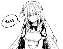 Rule 34 | 1girl, alternate costume, apron, bocchi the rock!, bow, bowtie, closed mouth, cube hair ornament, dress, enmaided, frilled apron, frilled hairband, frills, gotoh hitori, greyscale, hair ornament, hairband, long hair, looking at viewer, maid, maid apron, maid headdress, meijin kusano, monochrome, nervous, puffy short sleeves, puffy sleeves, short sleeves, solo, speech bubble, sweat, upper body, very long hair