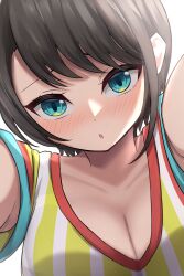 Rule 34 | 1girl, :o, aqua eyes, blush, breasts, brown hair, cleavage, collarbone, hashira 14, highres, hololive, large breasts, looking at viewer, oozora subaru, open mouth, portrait, reaching, reaching towards viewer, shirt, short hair, short sleeves, simple background, striped clothes, striped shirt, swept bangs, tsurime, upper body, vertical-striped clothes, vertical-striped shirt, virtual youtuber, white background