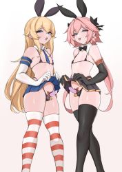 Rule 34 | 2boys, :d, :o, absurdres, animal ears, astolfo (fate), ball bra, bare shoulders, bell, bikini, black bikini, black bow, black bowtie, black gloves, black skirt, black thighhighs, blonde hair, blue eyes, blue necktie, bow, bowtie, clothes lift, condom, condom on penis, crossdressing, crossover, earrings, elbow gloves, fake animal ears, fate/grand order, fate (series), gloves, headband, highres, jewelry, jingle bell, kantai collection, lamsass, lifting own clothes, long hair, looking at viewer, male focus, multiple boys, necktie, open mouth, penis, pink eyes, pink hair, rabbit ears, red thighhighs, shimakaze-kun, shimakaze (kancolle), shimakaze (kantai collection), simple background, skirt, skirt lift, small penis, smile, striped clothes, striped legwear, striped thighhighs, swimsuit, thighhighs, trap, uncensored, white background, white gloves, white thighhighs