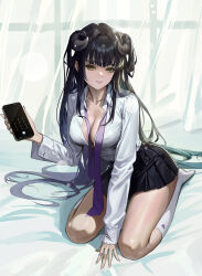 Rule 34 | 1girl, absurdres, bandaid, bandaid on hand, black hair, black horns, black skirt, blush, borrowed character, breasts, cellphone, cleavage, collared shirt, commentary, curled horns, dia (hong), fang, fieryonion, full body, hair on horn, highres, holding, holding phone, horns, kneehighs, large breasts, long bangs, long hair, long sleeves, looking at viewer, loose necktie, necktie, no shoes, original, parted lips, phone, pleated skirt, purple necktie, seiza, shirt, sidelocks, sitting, skirt, smartphone, socks, solo, teeth, very long hair, white shirt, white socks, yellow eyes