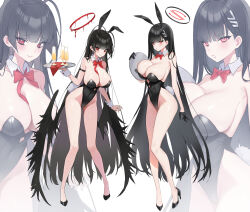 Rule 34 | 2girls, absurdres, alternate costume, animal ear hairband, animal ears, antenna hair, bare legs, black footwear, black gloves, black hair, black leotard, black wings, blue archive, blush, bow, bowtie, breasts, champagne flute, clothing cutout, covered navel, cup, detached collar, drinking glass, fake animal ears, fake tail, full body, gloves, hairband, halo, high heels, highleg, highleg leotard, highres, holding, holding tray, hovaku, large breasts, leotard, long hair, looking at viewer, melting halo, multiple girls, playboy bunny, rabbit ear hairband, rabbit ears, rabbit tail, red bow, red bowtie, red eyes, rio (blue archive), simple background, straight hair, strapless, strapless leotard, tail, tray, tsurugi (blue archive), very long hair, white background, wings, wrist cuffs, zoom layer